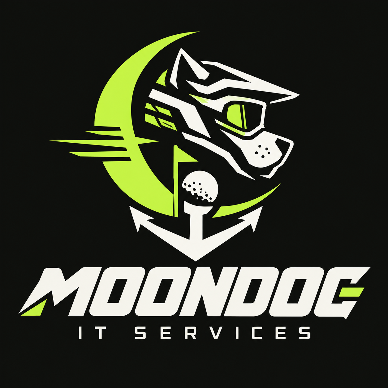 Moondog IT Services logo with motocross, golf and anchor details